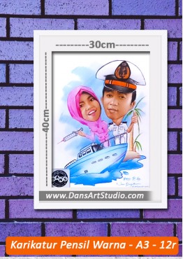 Jasa lukis karikatur dengan pensil warna ukuran A3/12R 30x40cm